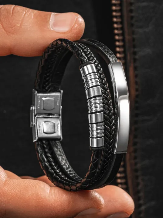 Erkek Deri Bileklik - İsim Yazılan Paslanmaz Çelik Deri Kordonlu Erkek Bileklik