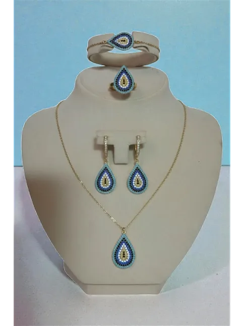 Kadın Gümüş Bileklik Yüzük Kolye Küpe Set - Damla Model Nazar Boncuk Detaylı Zirkon Taşlı Gümüş Set