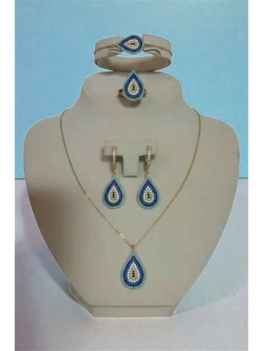 Kadın Gümüş Bileklik Yüzük Kolye Küpe Set - Damla Model Nazar Boncuk Detaylı Zirkon Taşlı Gümüş Set