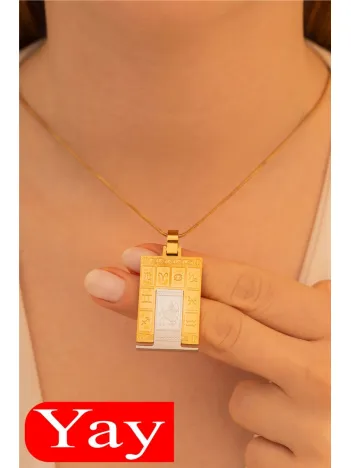 Kadın Çelik Kolye - Çelik Dikdörtgen Model Burç İşlemeli Kadın Kolye