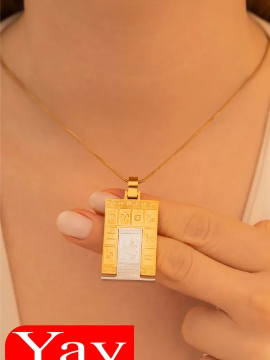 Kadın Çelik Kolye - Çelik Dikdörtgen Model Burç İşlemeli Kadın Kolye