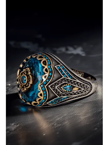 Erkek Mavi Zirkon Taşlı Sportif Model İnce Kibar 925 Ayar Gümüş Yüzük