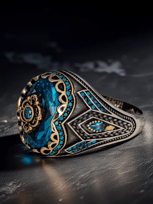 Erkek Mavi Zirkon Taşlı Sportif Model İnce Kibar 925 Ayar Gümüş Yüzük