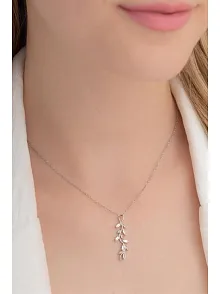 Baget Taşlı Yaprak Model Kadın Gümüş Kolye Gklyprkmdl5-ros