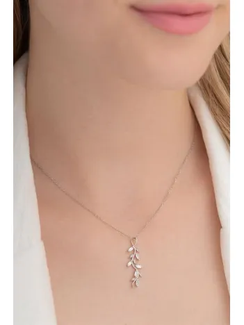 Baget Taşlı Yaprak Model Kadın Gümüş Kolye Gklyprkmdl5-ros