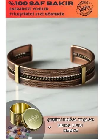 Erkek Kadın Bakır Bileklik - Atlas Otantik Model Bakır Bilezik Metal Kutu Ve Doğal Taşlar