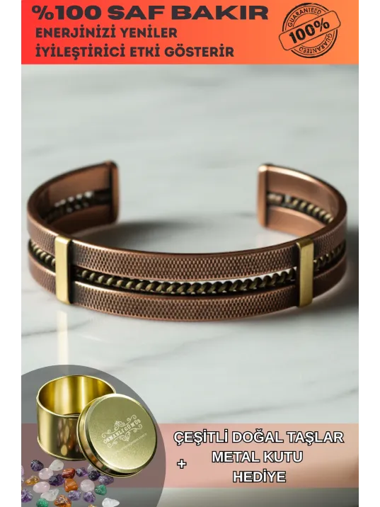 Erkek Kadın Bakır Bileklik - Atlas Otantik Model Bakır Bilezik Metal Kutu Ve Doğal Taşlar