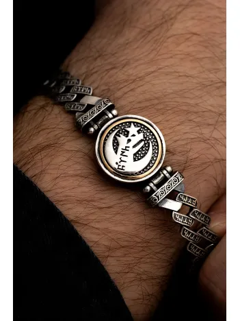 Erkek Gümüş Bileklik - Göktürkçe Türk Yazılı Bozkurt Ve Ayyıldız Ortası Dönen Model Gümüş Bileklik