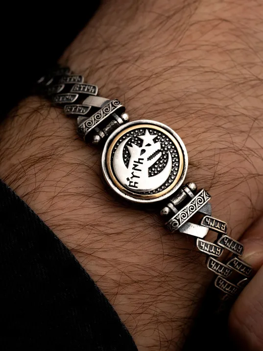 Erkek Gümüş Bileklik - Göktürkçe Türk Yazılı Bozkurt Ve Ayyıldız Ortası Dönen Model Gümüş Bileklik