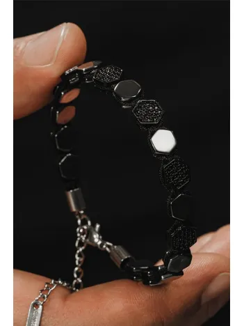 Erkek Doğaltaş Bileklik - Siyah Hematit Taşlı Makrome Örme Erkek Bileklik