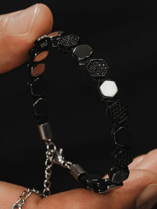 Erkek Doğaltaş Bileklik - Siyah Hematit Taşlı Makrome Örme Erkek Bileklik