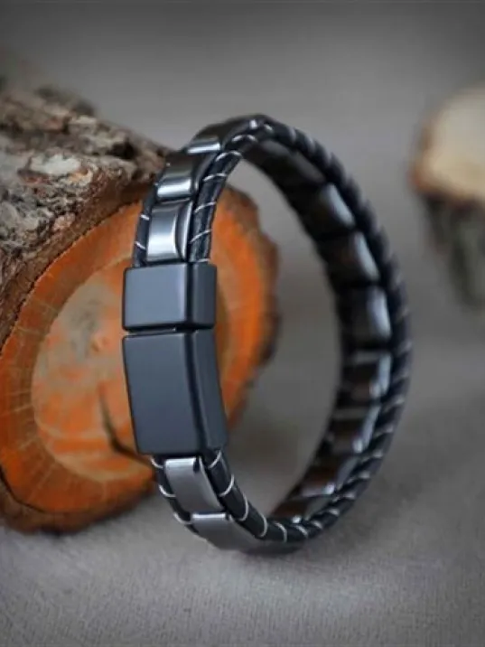 Hematit Doğaltaş Erkek Deri Bileklik