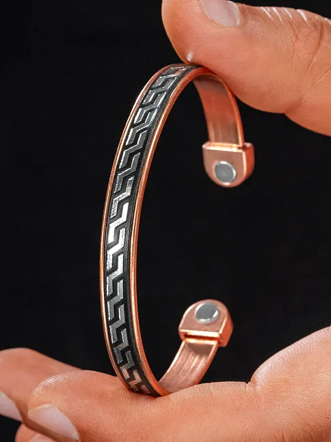 Erkek Kadın Bakır Bileklik - Siyah Hakiki Deri Omega Desenli Mıknatıslı Metal Kutu Doğal