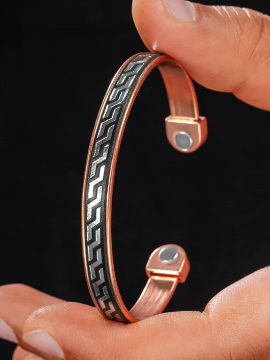 Erkek Kadın Bakır Bileklik - Siyah Hakiki Deri Omega Desenli Mıknatıslı Metal Kutu Doğal
