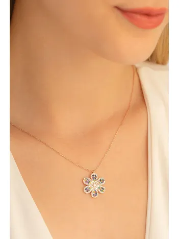 Kadın Gümüş Kolye - Karışık Renkli Çiçek Motifli Gümüş Kolye