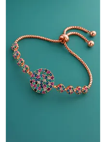 Kadın Gümüş Bileklik - Çok Renkli Doğal Taş Yuvarlak Rose Gold Kaplama Bilezik
