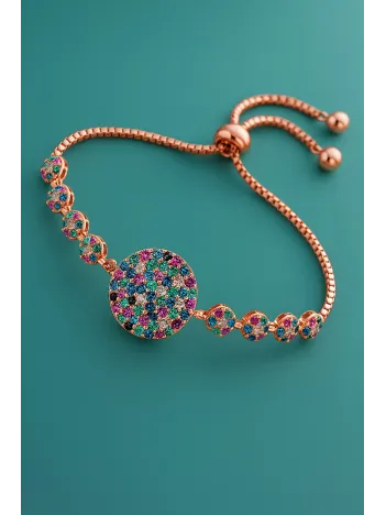Kadın Gümüş Bileklik - Çok Renkli Doğal Taş Yuvarlak Rose Gold Kaplama Bilezik
