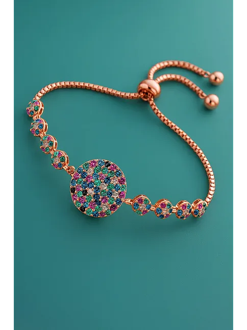 Kadın Gümüş Bileklik - Çok Renkli Doğal Taş Yuvarlak Rose Gold Kaplama Bilezik