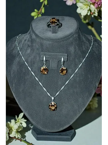 Kadın Bijuteri Küpe Kolye Yüzük Set - Yuvarlak Zultanit Taşlı Bijuteri Set