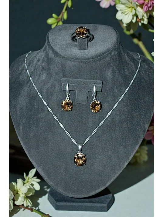 Kadın Bijuteri Küpe Kolye Yüzük Set - Yuvarlak Zultanit Taşlı Bijuteri Set