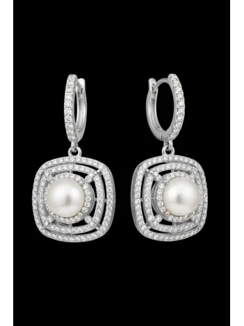 Kadın Gümüş Küpe - Kare Model İnci Detaylı Kadın Gümüş Küpe