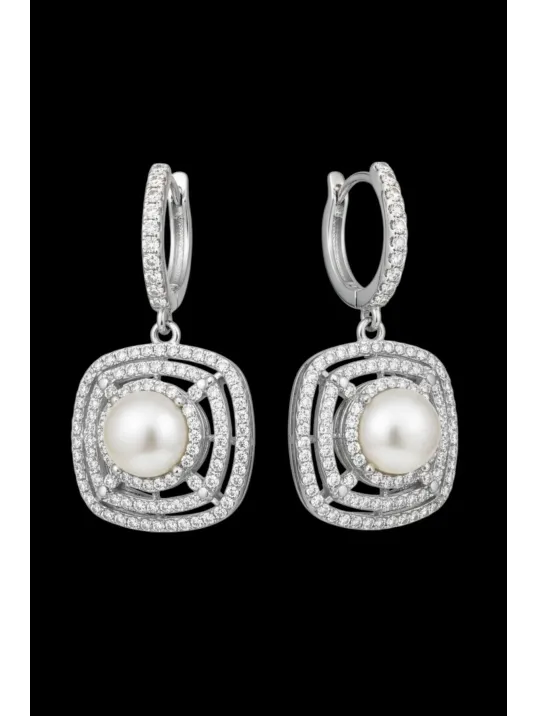 Kadın Gümüş Küpe - Kare Model İnci Detaylı Kadın Gümüş Küpe