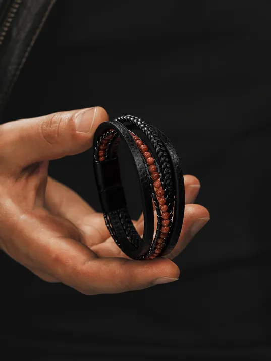 Erkek Deri Bileklik - Doğal Yıldız Taşı Çoklu Retro Paslanmaz Deri Örgü Kordon Bileklik