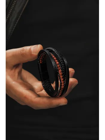 Erkek Deri Bileklik - Doğal Yıldız Taşı Çoklu Retro Paslanmaz Deri Örgü Kordon Bileklik