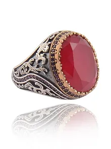 Yakut Garnet Taşlı Yanı Zirkon Taşlı Desenli Erkek Gümüş Yüzük