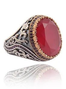Yakut Garnet Taşlı Yanı Zirkon Taşlı Desenli Erkek Gümüş Yüzük