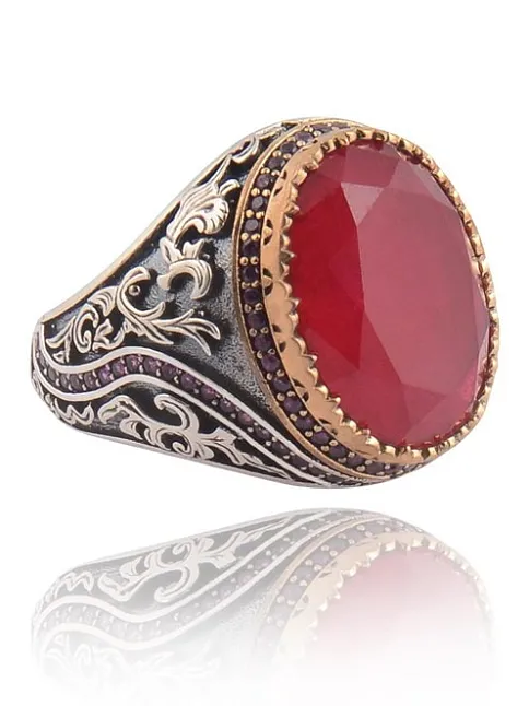 Yakut Garnet Taşlı Yanı Zirkon Taşlı Desenli Erkek Gümüş Yüzük