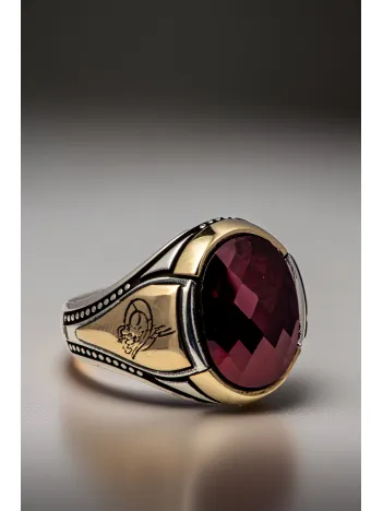 Erkek Kırmızı Yakut Taşlı Yanı Tuğra İşlemeli İnce Kibar 925 Ayar Gümüş Yüzük Erkek Kırmızı Yakut Taşlı Yanı Tuğra İşlemeli İnce Kibar 925 Ayar Gümüş Yüzük