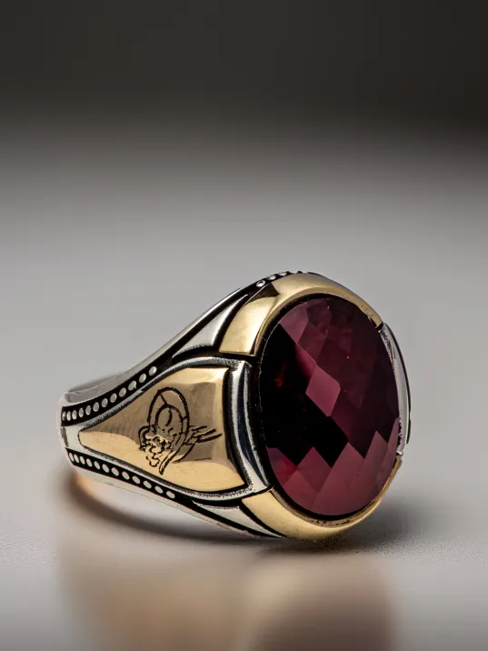 Erkek Kırmızı Yakut Taşlı Yanı Tuğra İşlemeli İnce Kibar 925 Ayar Gümüş Yüzük