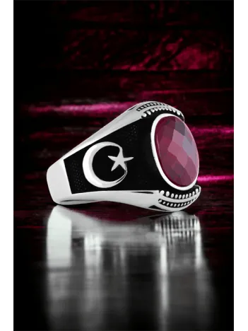 Ay Yıldız Temalı Faset Kesim Zirkon Taşlı Gümüş Yüzük