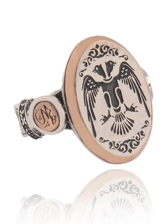 Çift Başlı Selçuklu Kartalı Oval Model Yanında Hiç Yazılı Erkek Gümüş Yüzük