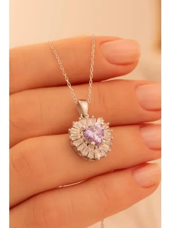 Kadın Gümüş Kolye - Kalp Model Ametist Taşlı Baget Süslemeli Rodyumlu Kadın Kolye