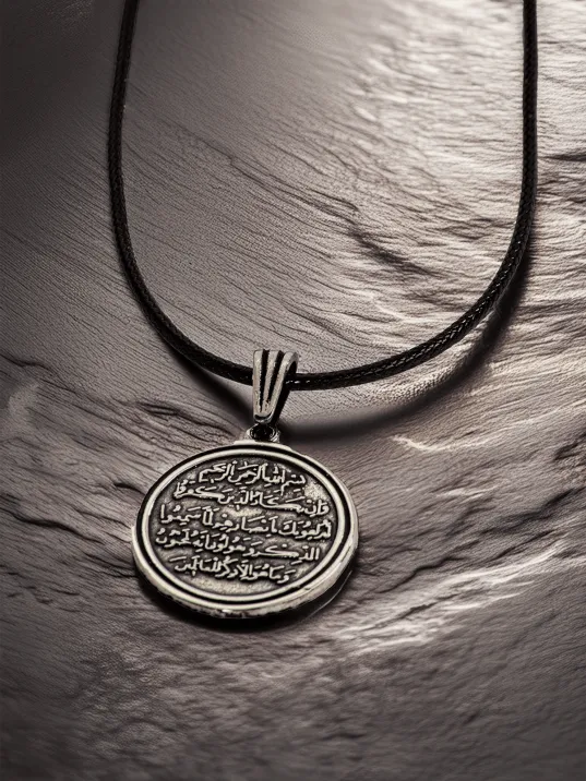 Erkek Gümüş Kolye Ucu - Nazar Duası Yazılı Oksitli Yuvarlak Model Deri Kolyeli 925 Ayar Gümüş