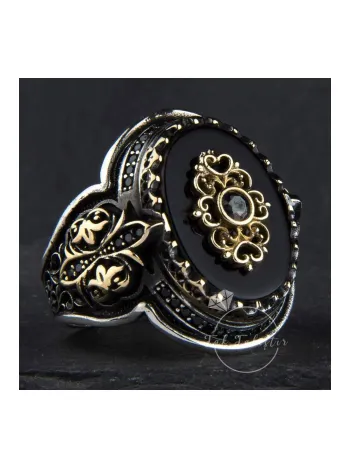 Erkek Gümüş Yüzük - Çiçek Motifli-2 Oniks Taşlı 925 Ayar Gümüş Erkek Yüzük