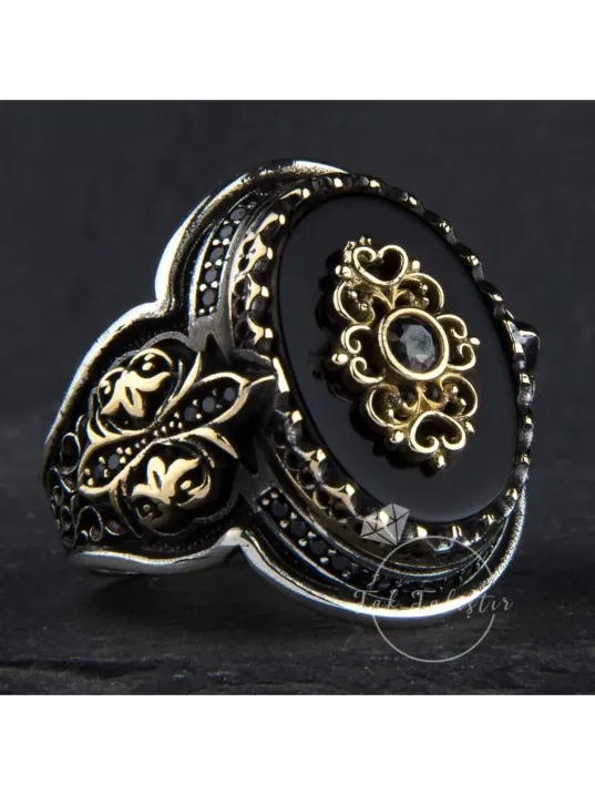 Erkek Gümüş Yüzük - Çiçek Motifli-2 Oniks Taşlı 925 Ayar Gümüş Erkek Yüzük