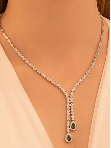 Kadın Gümüş Kolye - Peri Zümrüt Taşlı Damla Model Kadın Kolye