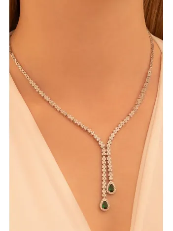Kadın Gümüş Kolye - Peri Zümrüt Taşlı Damla Model Kadın Kolye