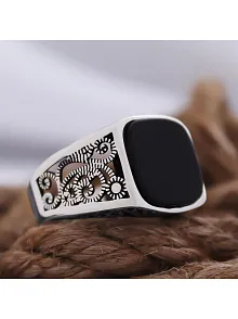 Siyah Oniks Taşlı Sarmaşık Desen İşlemeli Özel Seri Erkek Gümüş Yüzük