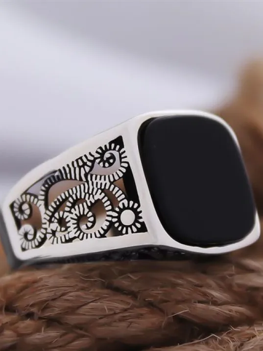 Siyah Oniks Taşlı Sarmaşık Desen İşlemeli Özel Seri Erkek Gümüş Yüzük