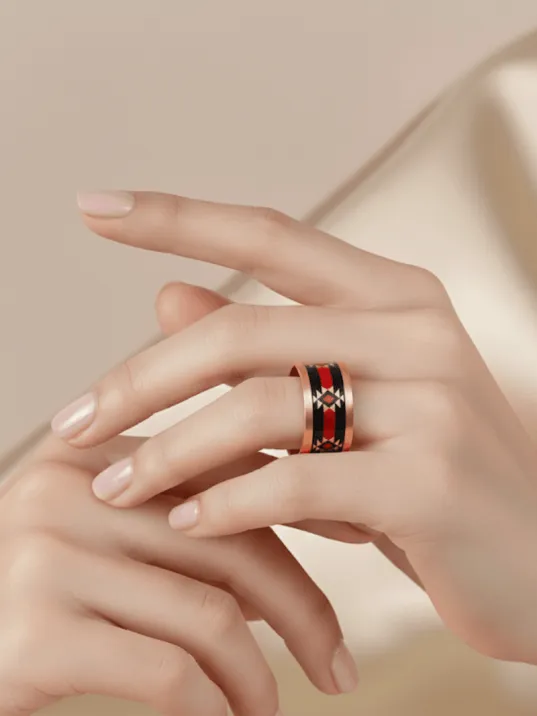 Kadın Bakır Yüzük - Rosso Model Özel Baskı Metal Kutu Ve Kuvars Taşı