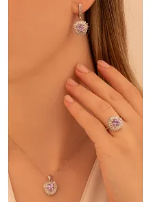 Kadın Gümüş Set - Kalp Model Ametist Taşlı Baget Süslemeli Rodyumlu Kadın Set