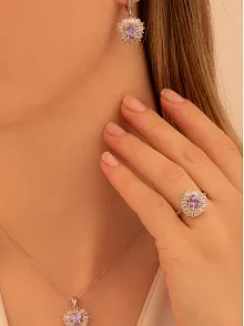 Kadın Gümüş Set - Kalp Model Ametist Taşlı Baget Süslemeli Rodyumlu Kadın Set