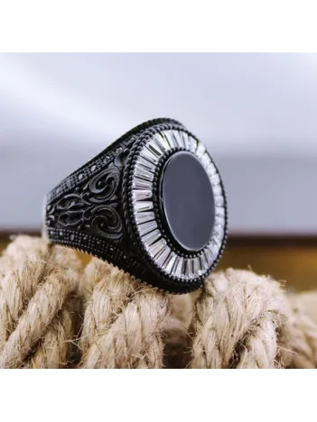 Siyah-Beyaz Zirkon Taşlı Özel Seri Erkek Gümüş Yüzük