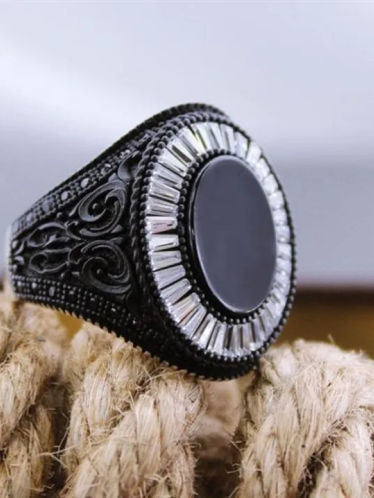 Siyah-Beyaz Zirkon Taşlı Özel Seri Erkek Gümüş Yüzük