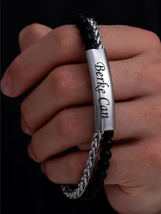 Erkek Çelik Bileklik - İsim Yazılabilir Siyah Boncuk Kral Zincir Çelik Bileklik
