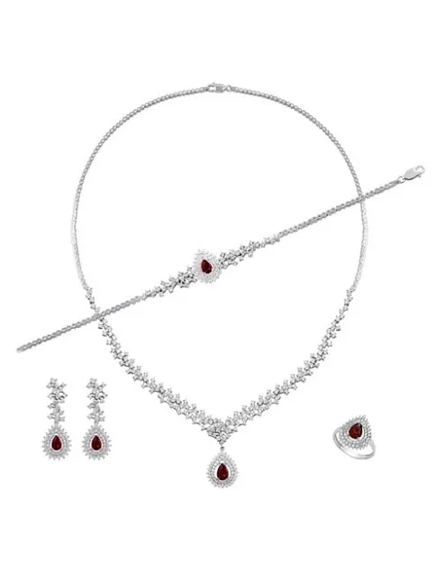 Çise Bayan Yakut Taşlı Gümüş Su Yolu Set - Kolye, Bileklik, Küpe, Yüzük